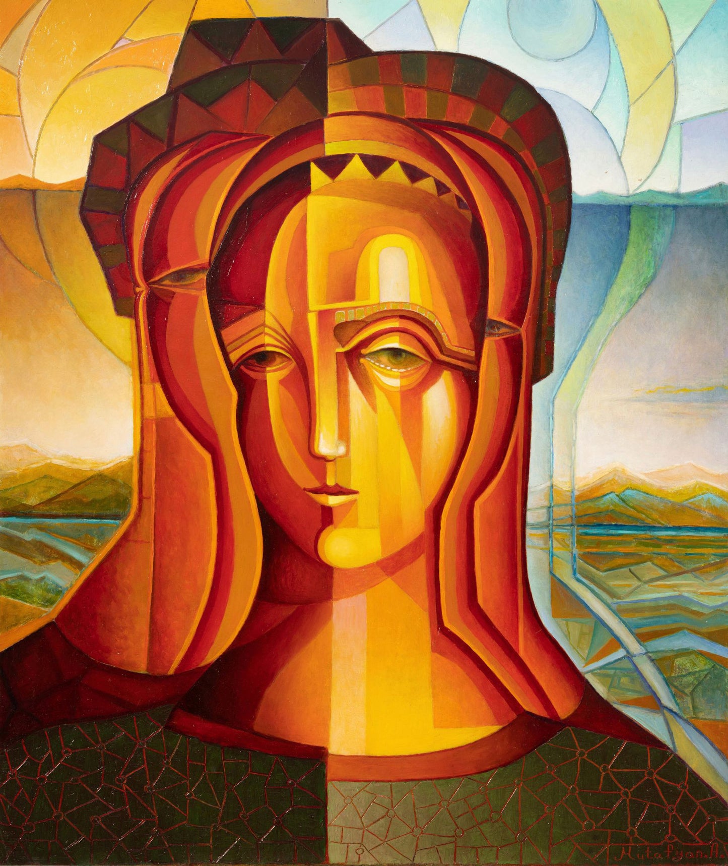 Abstract artwork of a stylized face with geometric patterns and warm colors.