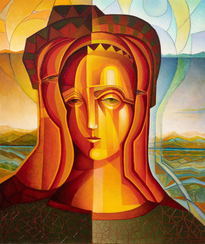 Abstract artwork of a stylized face with geometric patterns and warm colors.