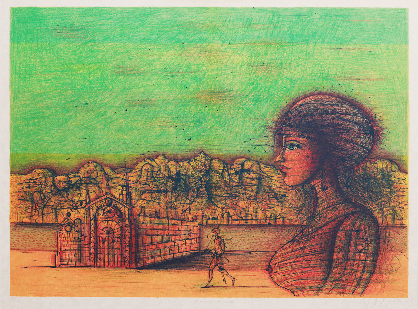 Artistic depiction of a woman with a scenic background
