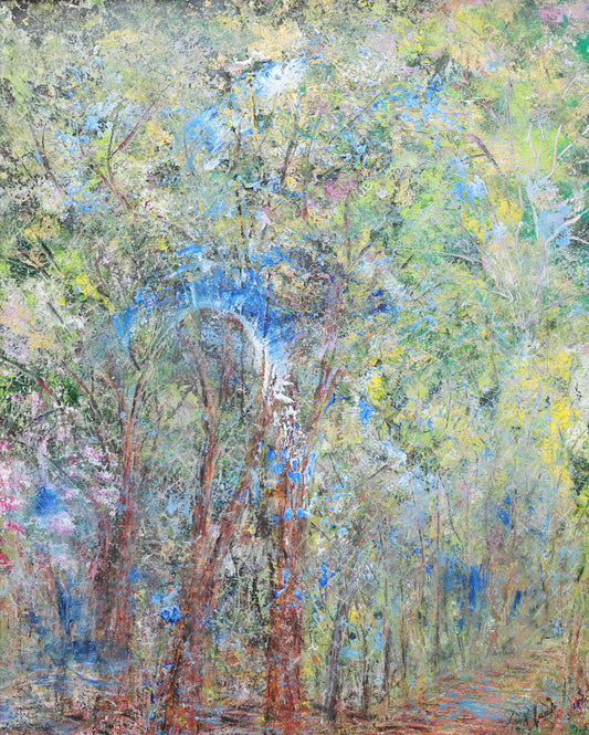 Abstract painting with a mix of blue, green, and brown colors