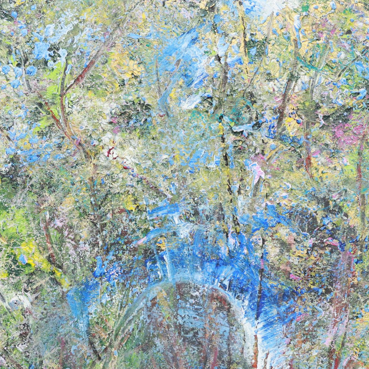 Abstract painting with a mix of blue, green, and yellow colors