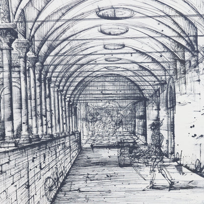 Architectural drawing of a long corridor with columns and a painting at the end.