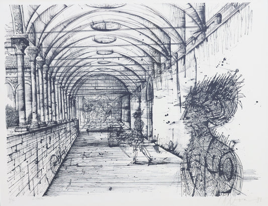 Artistic drawing of a long, narrow corridor with architectural details and a stylized figure on the right.