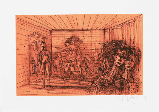 Artistic depiction of a scene with figures in a room, possibly from a classical or Renaissance painting.