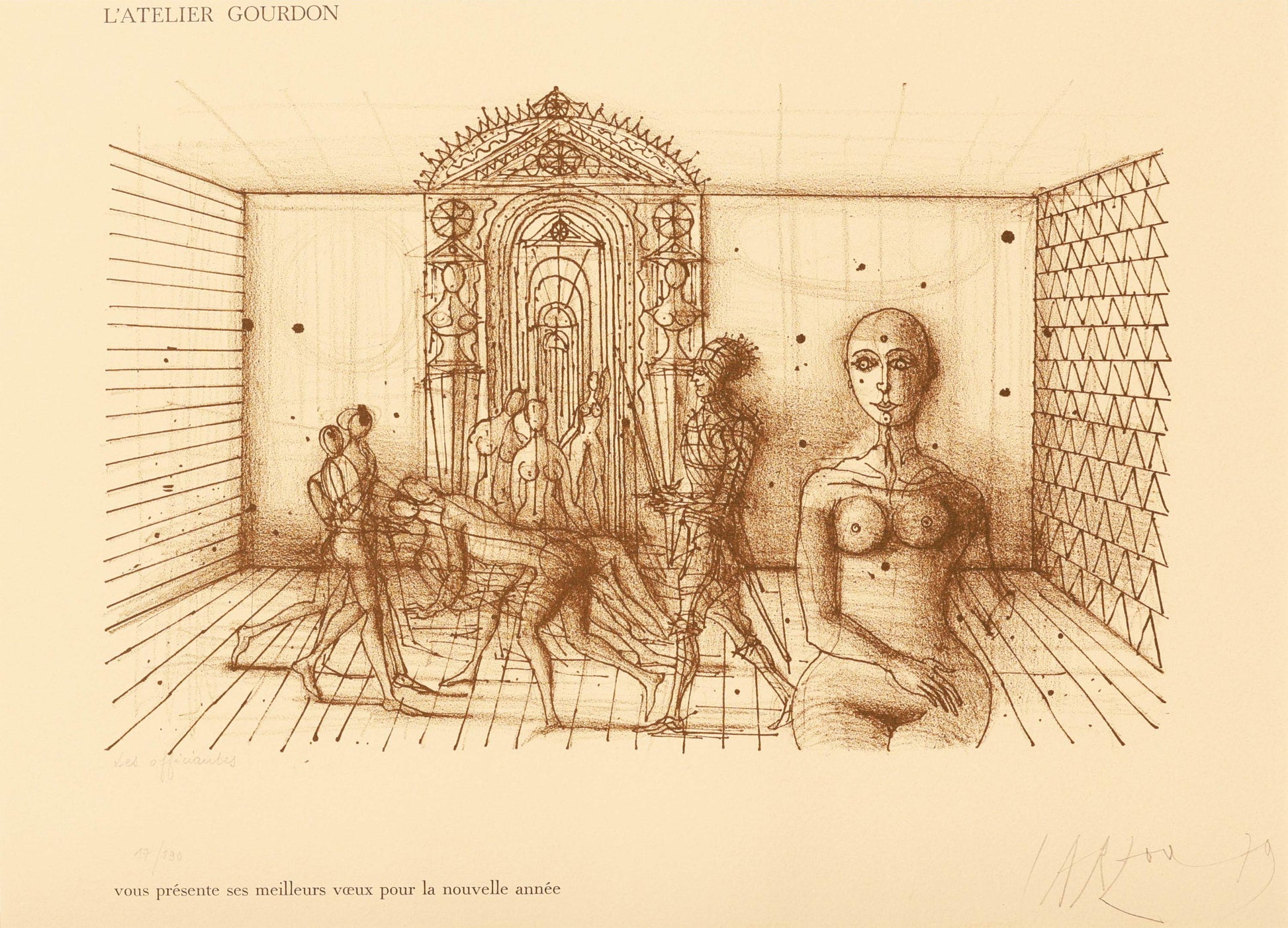 Artistic illustration of a woman in a room with geometric patterns and text at the top.