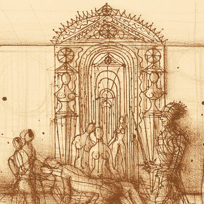 Vintage illustration of a religious or mythological scene with figures and architectural elements.