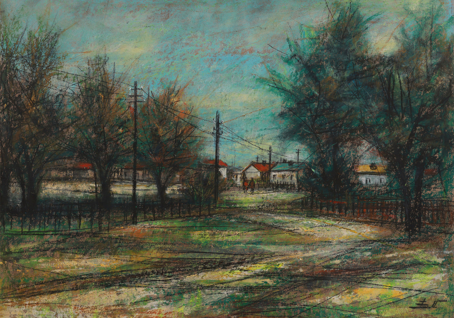 Painting of a rural landscape with trees, houses, and a road.