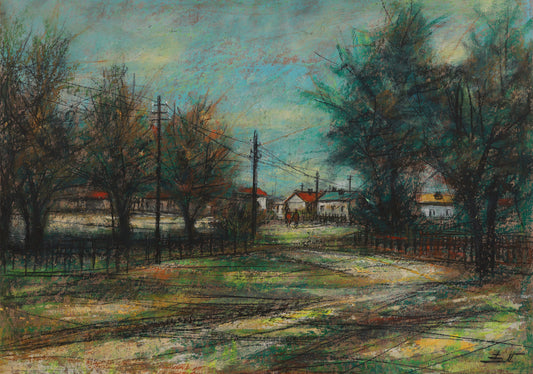 Painting of a rural landscape with trees, houses, and a road.