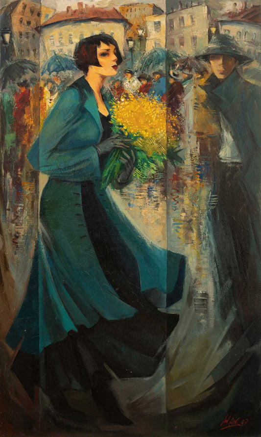 Painting of a woman in a blue coat holding yellow flowers in an urban setting