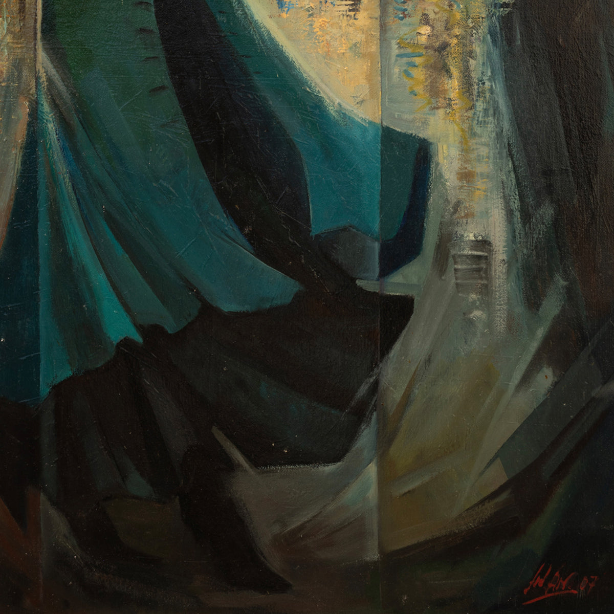 Abstract painting with swirling colors and shapes