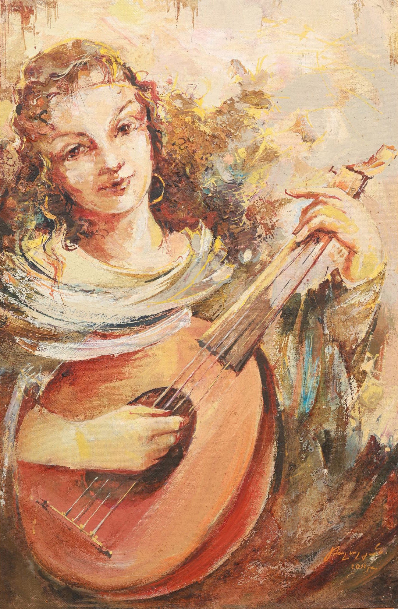 Artistic depiction of a woman playing a mandolin with a warm color palette.