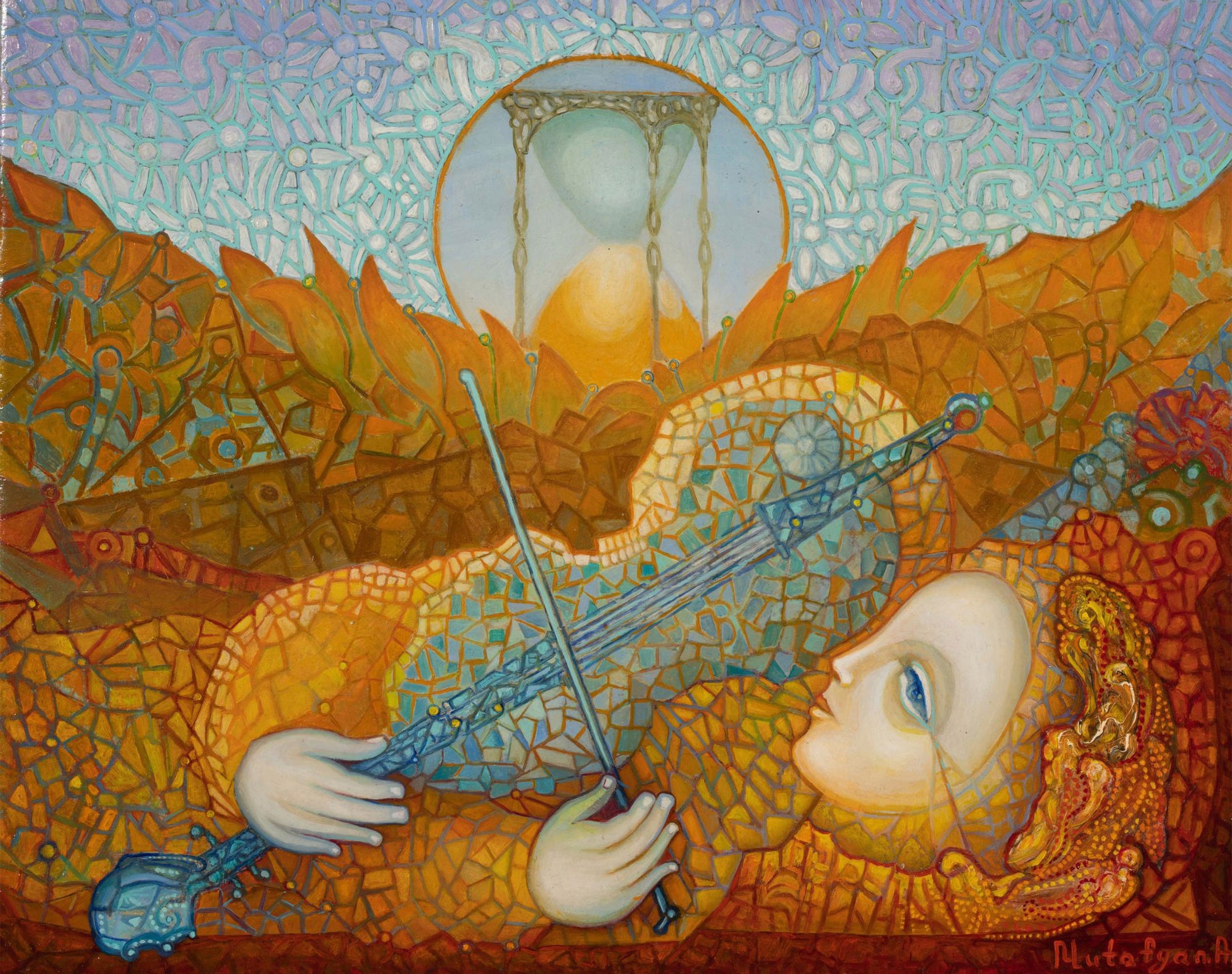Artistic depiction of a person playing a lyre with an hourglass in the background, surrounded by autumnal elements.
