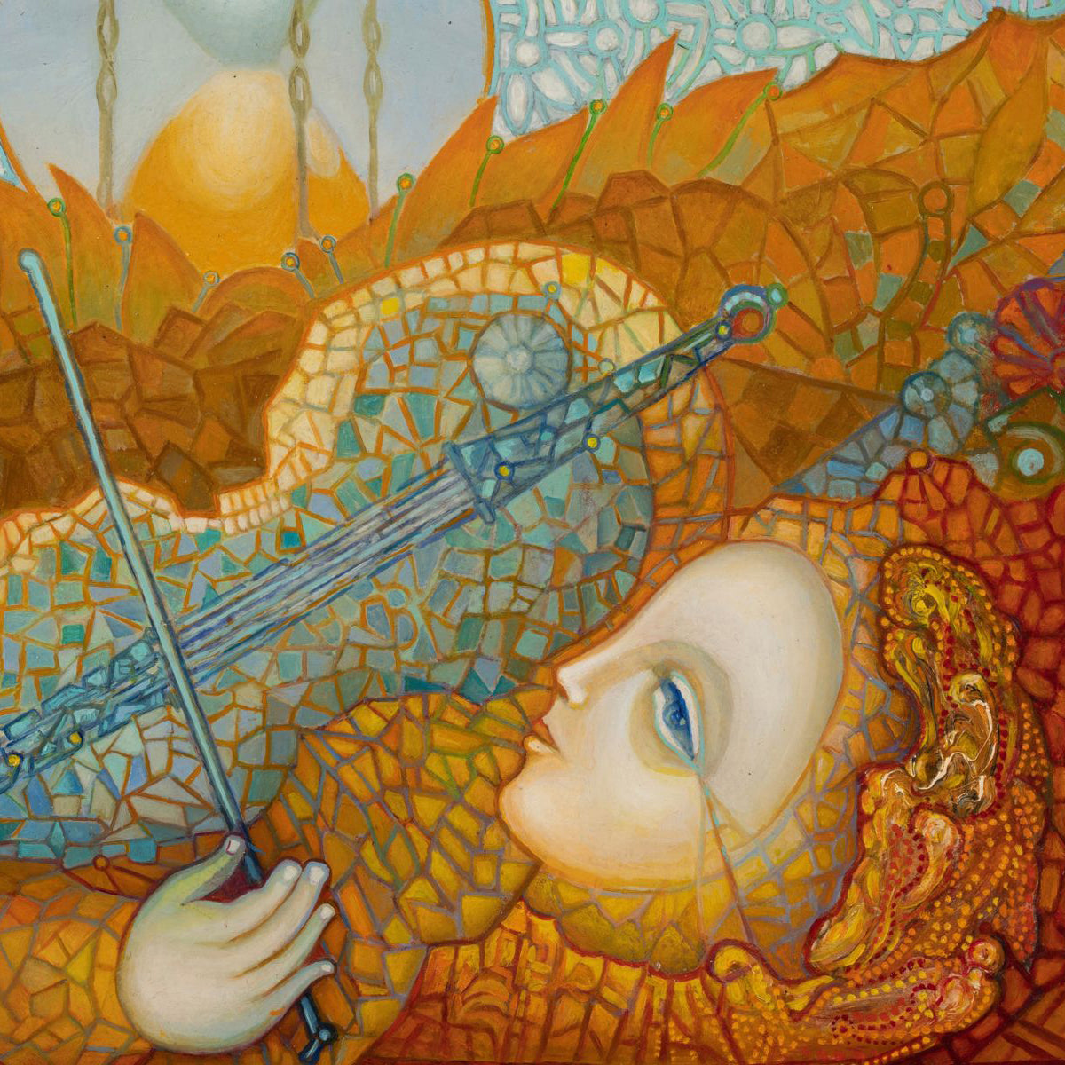 Artistic depiction of a face with a sword, surrounded by mosaic-like textures in warm colors.