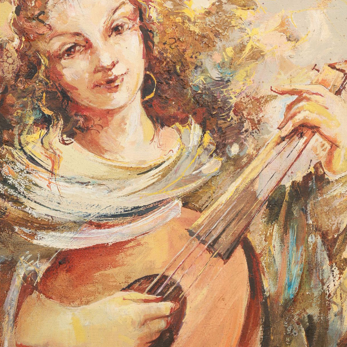 Artistic depiction of a person playing a stringed instrument with a warm color palette.