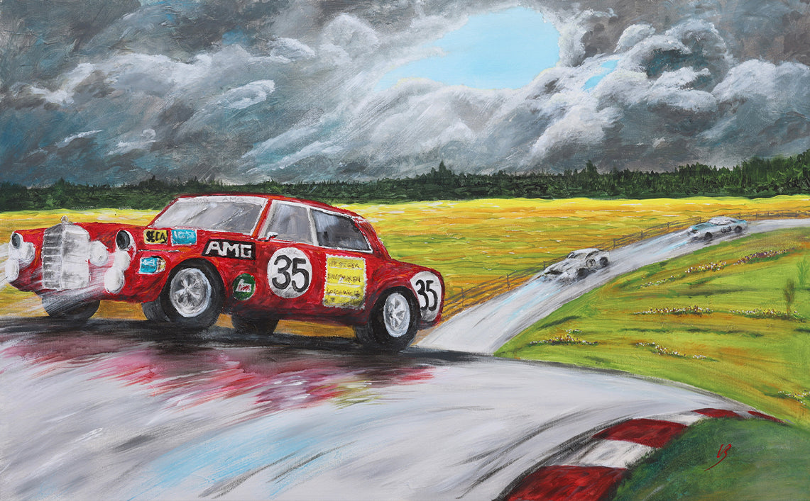 Painting of a vintage red Mercedes-Benz AMG race car number 35 on a wet racetrack, with dramatic storm clouds overhead and two silver race cars trailing in the distance. The scene features reflective asphalt, lush green fields, and a moody sky, capturing high-speed motorsport action with a nostalgic, artistic touch.