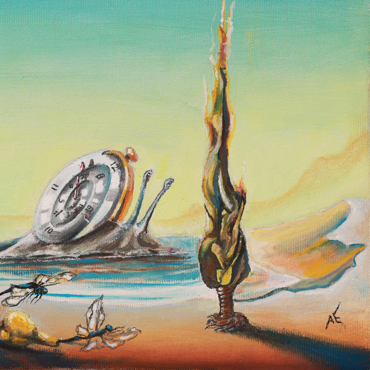 Abstract artwork with a clock, plant, and insects on a colorful background