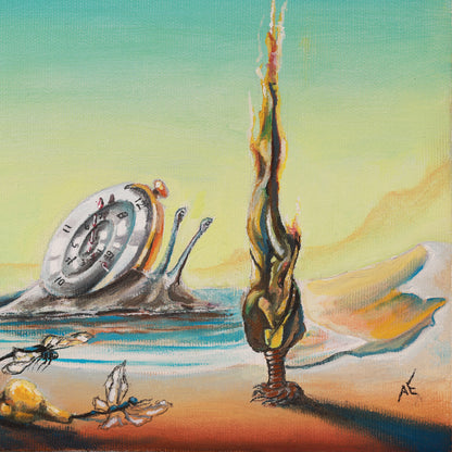 Abstract artwork with a clock, plant, and insects on a colorful background