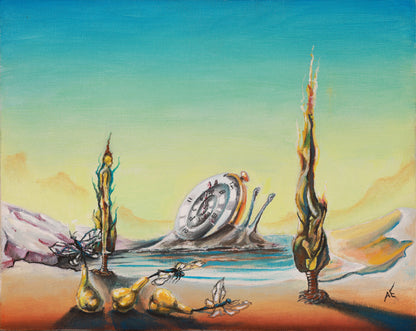 Abstract artwork with a clock and twisted figures against a colorful background