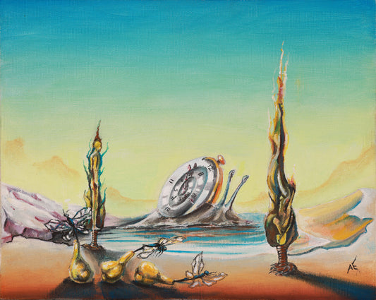 Abstract artwork with a clock and twisted figures against a colorful background