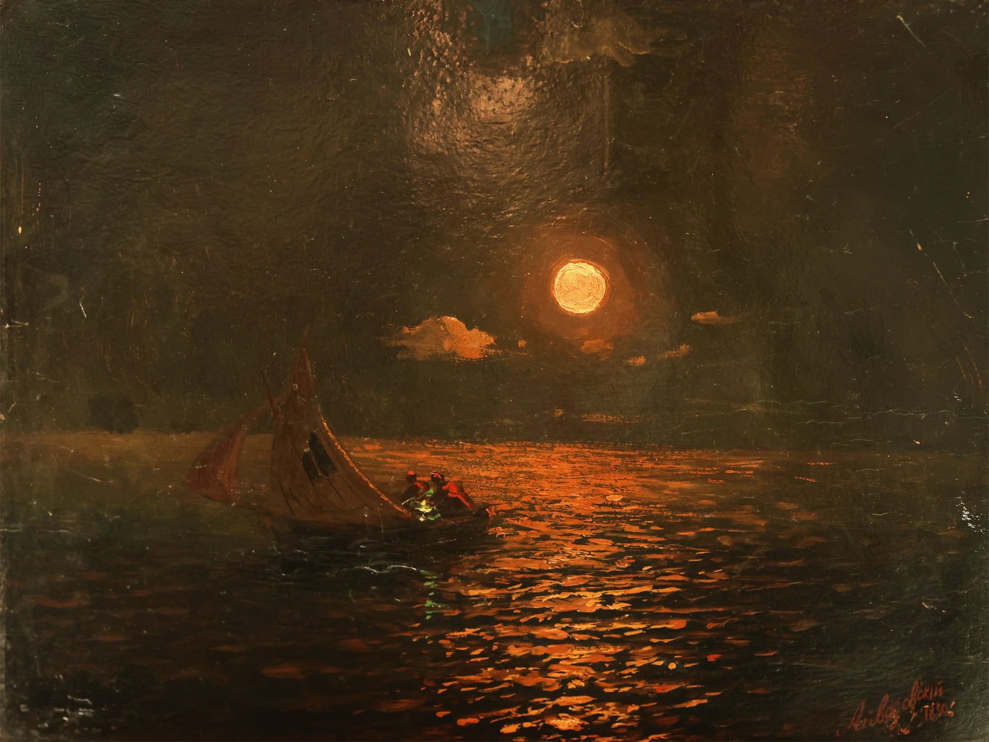 Painting of a sailboat on water under a full moon