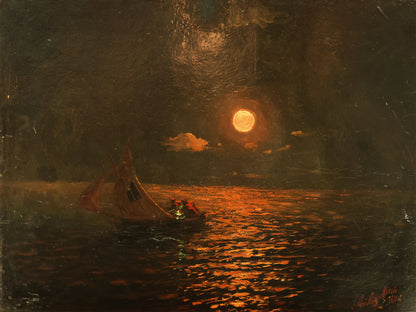 Painting of a sailboat on water under a full moon