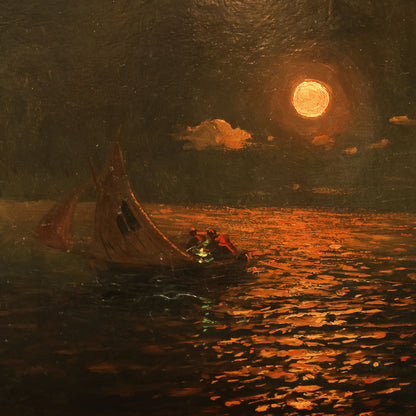 Painting of a boat on water with a full moon in the background