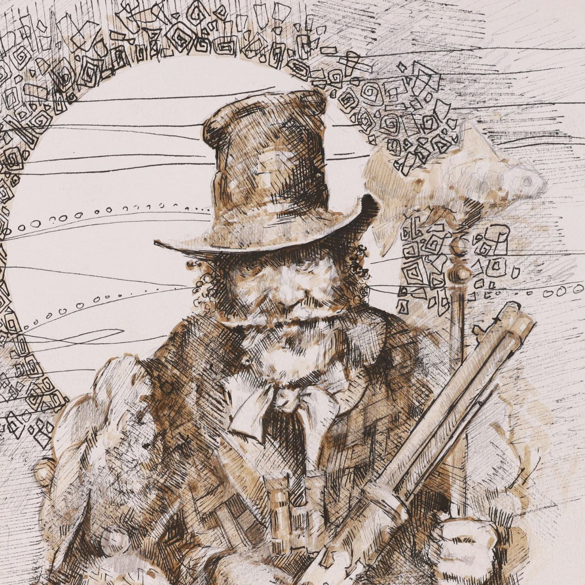 Detailed black and white illustration of a person with a top hat and beard, holding a rifle.