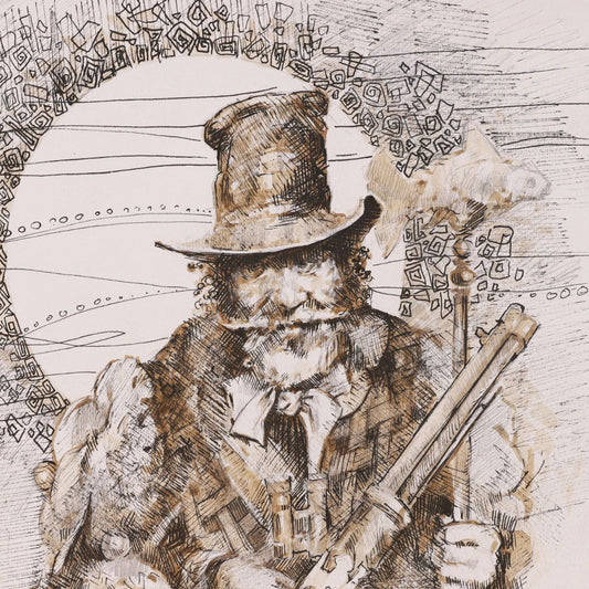 Detailed black and white illustration of a person with a top hat and beard, holding a rifle.