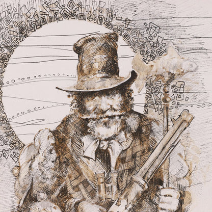Detailed black and white illustration of a person with a top hat and beard, holding a rifle.