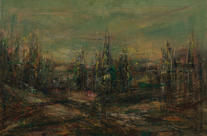 Abstract painting of a cityscape with dark and earthy tones