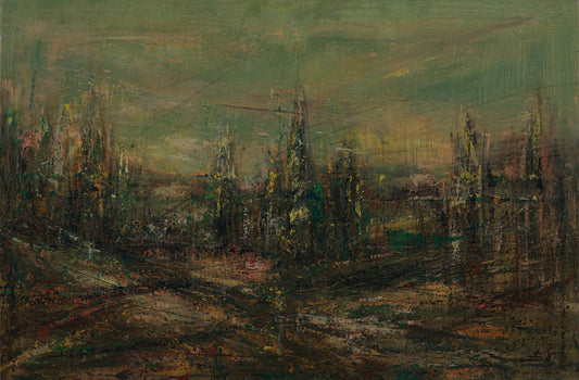 Abstract painting of a cityscape with dark and earthy tones