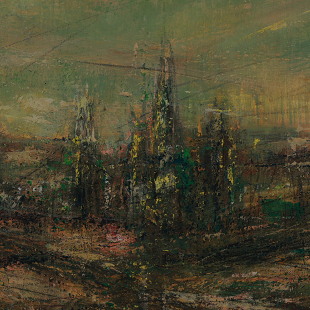 Artistic depiction of a landscape with trees and fields, possibly a painting.