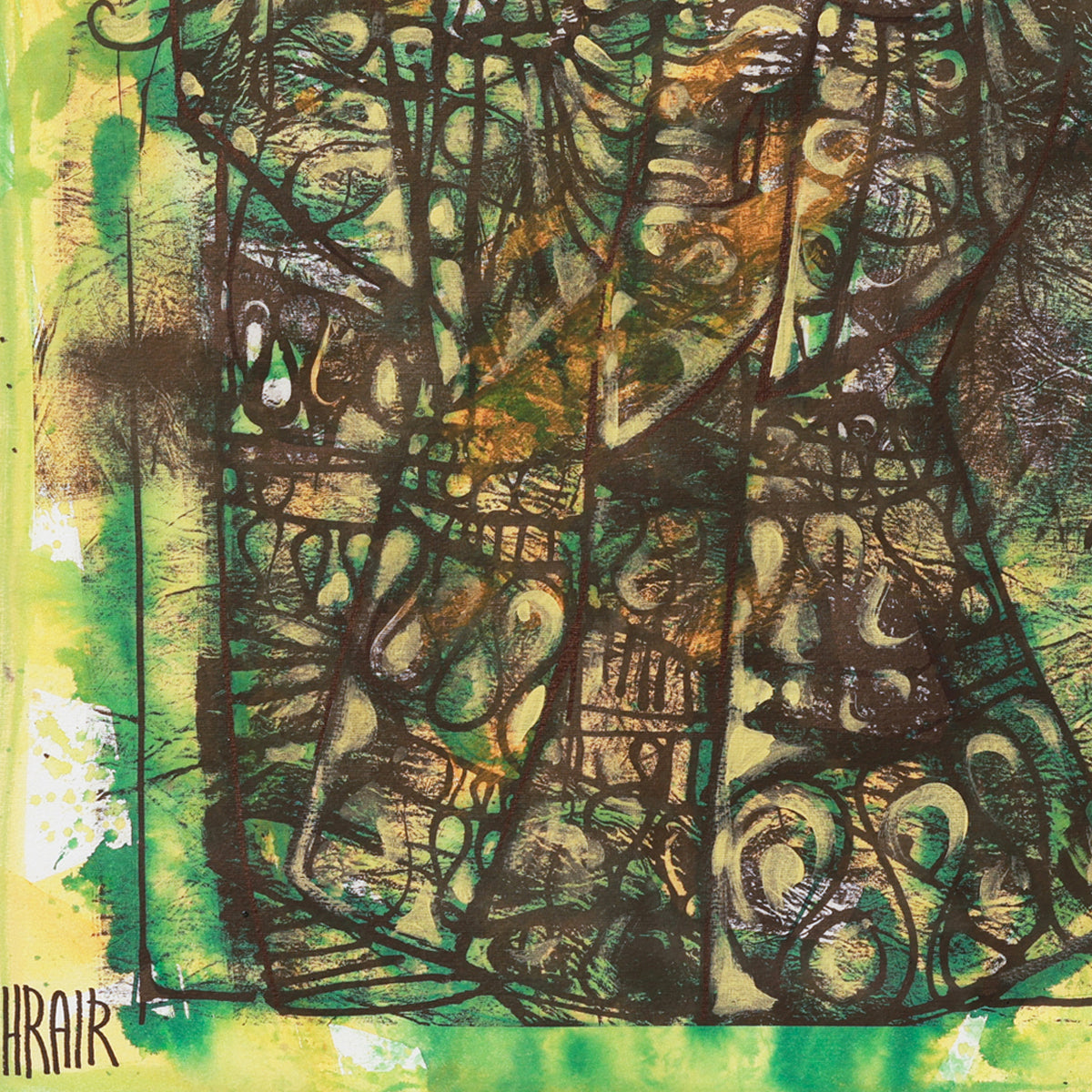 A detail shot of an abstract artwork with green and brown tones on a textured background