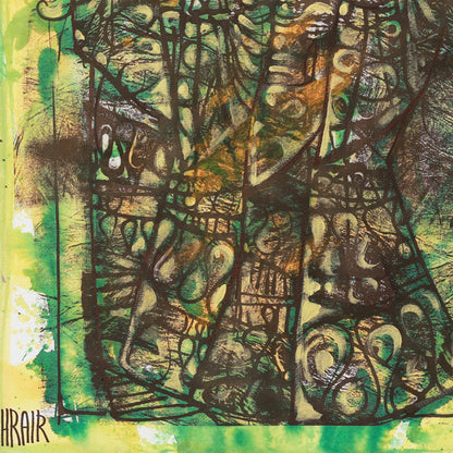A detail shot of an abstract artwork with green and brown tones on a textured background