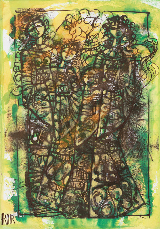 Abstract artwork with black and green patterns on a yellow background