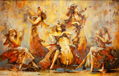 Artistic depiction of musicians playing stringed instruments with a warm color palette.