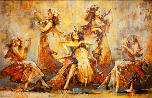 Artistic depiction of musicians playing stringed instruments with a warm color palette.