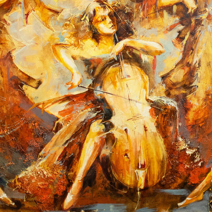 Artistic depiction of a ballerina playing a cello with warm color tones.