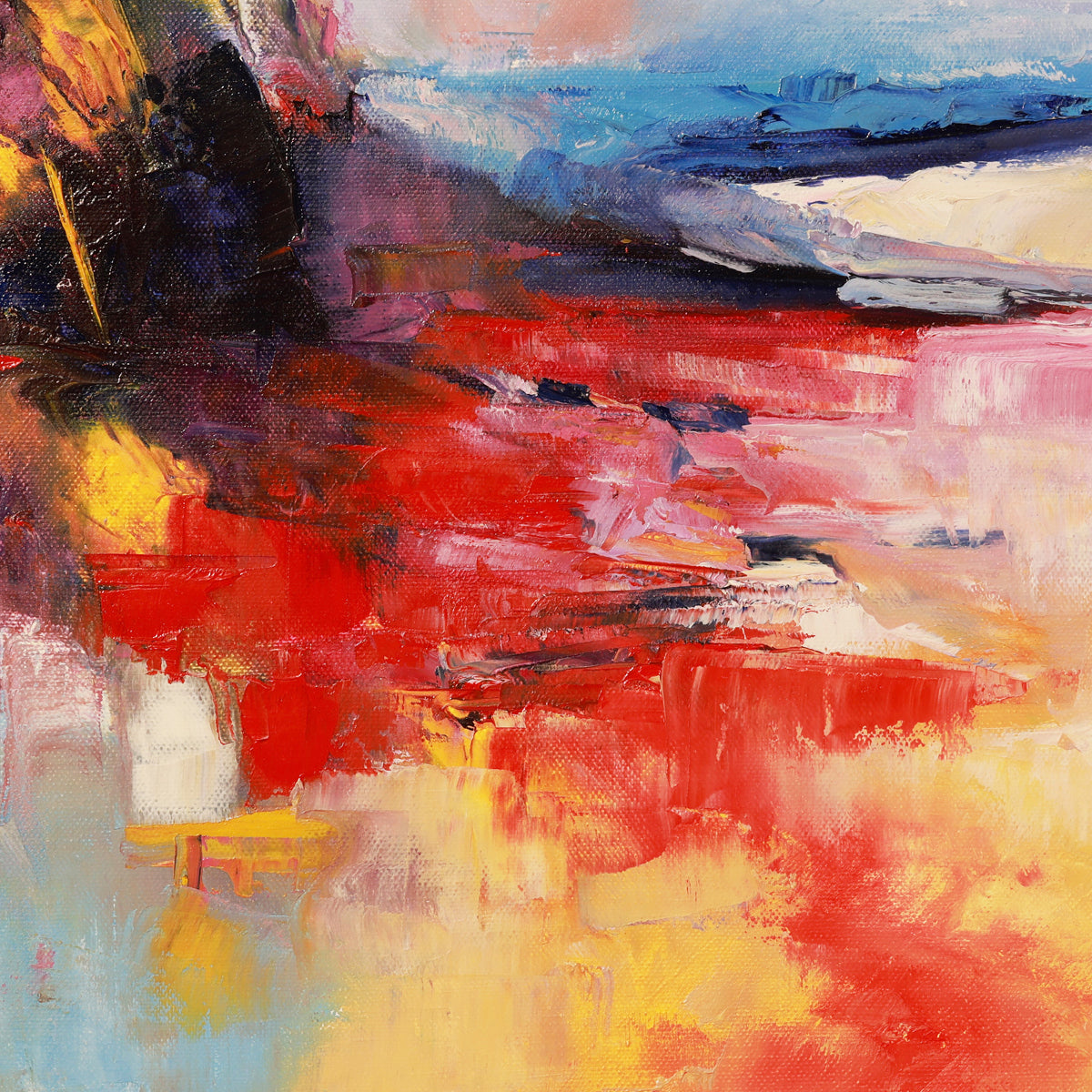 Abstract painting with bold red, yellow, and blue brush strokes