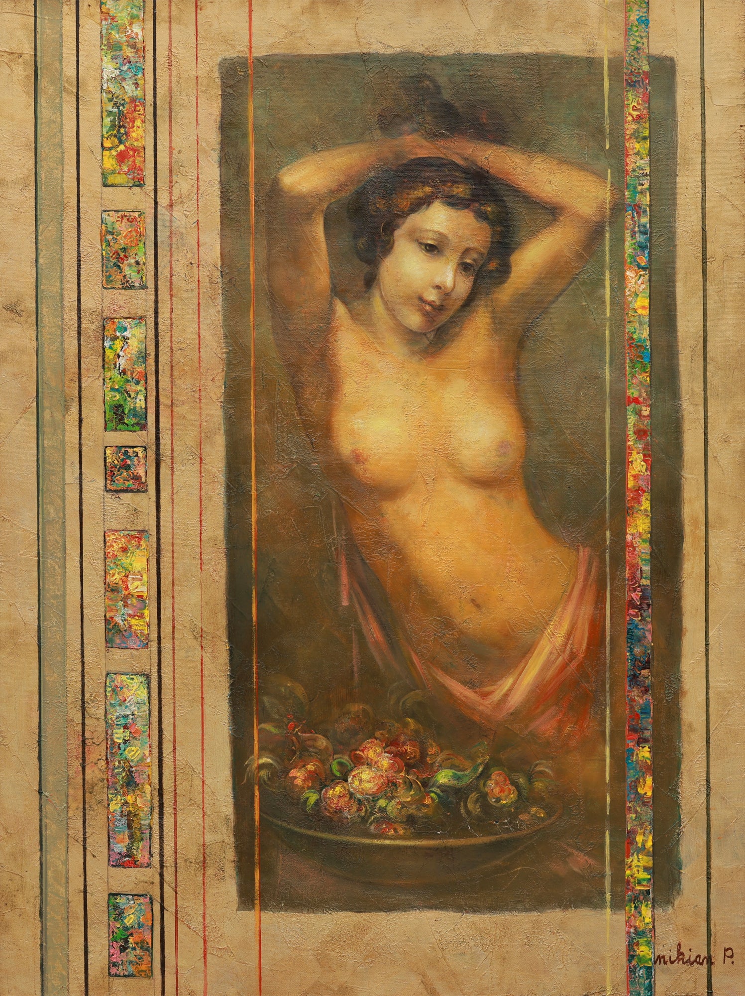  classical painting of a nude woman with floral decorations