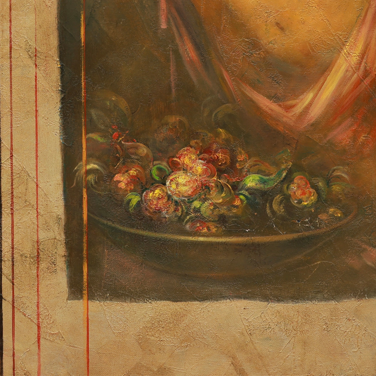 Still life painting of fruits on a table with draped fabric in the background