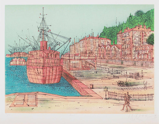 Illustration of a ship docked at a harbor with buildings and a person walking on a pier.