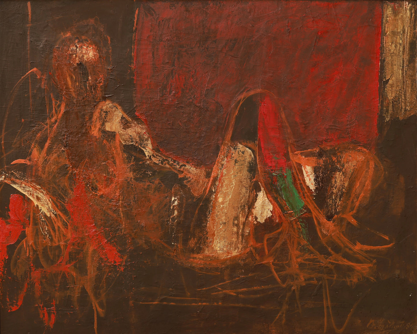 Abstract painting with a figure and chair in warm tones