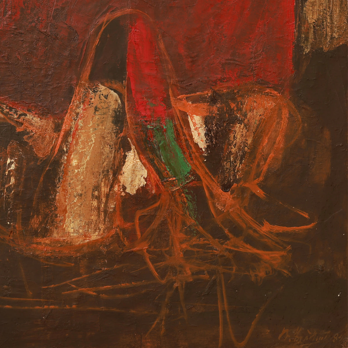 a detail shot of an abstract painting with red, brown, and green colors on a dark background