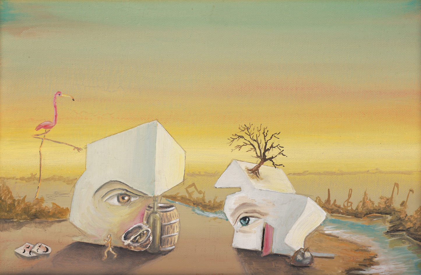 Surreal landscape with geometric shapes and a flamingo.