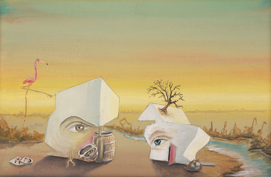 Surreal landscape with geometric shapes and a flamingo.