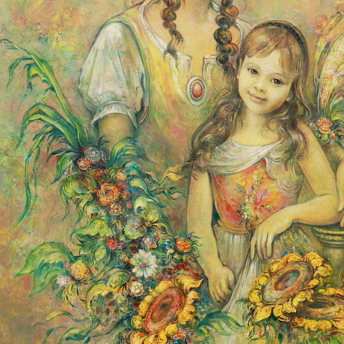 Colorful painting of a young girl with floral elements