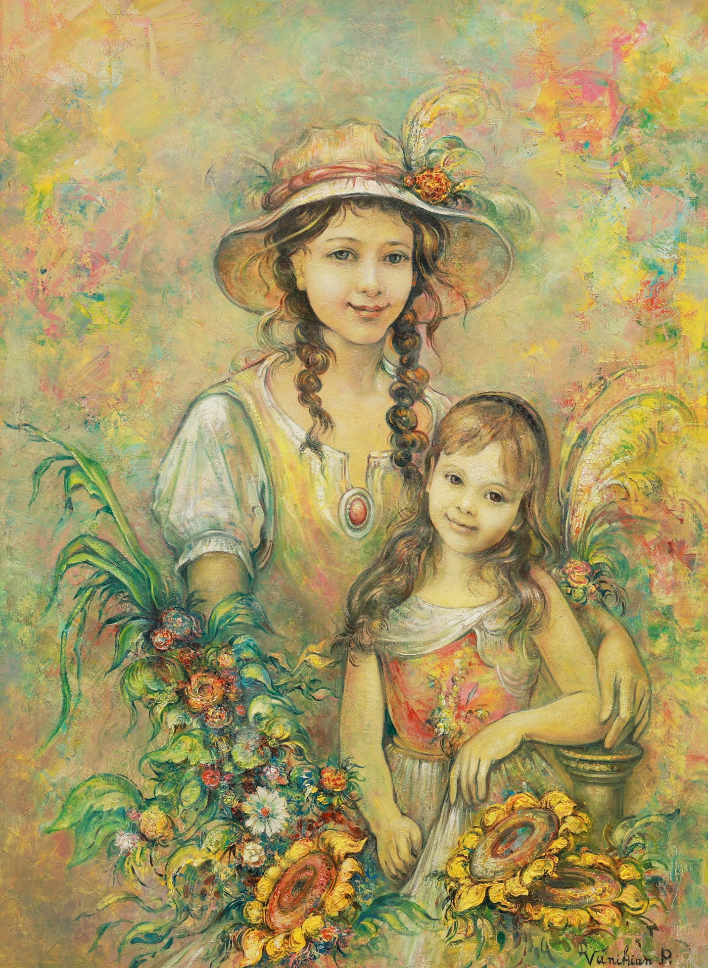 Painting of two young girls with flowers and a fairy, surrounded by a colorful floral border.