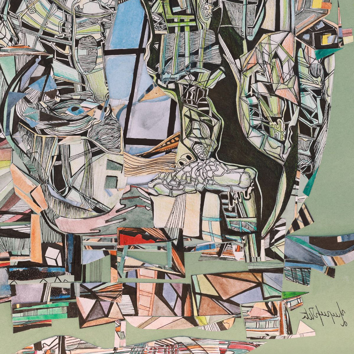 A detail shot of an abstract artwork with geometric shapes and colors on a green background