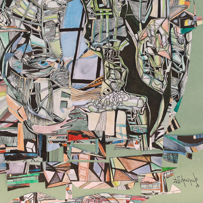 A detail shot of an abstract artwork with geometric shapes and colors on a green background